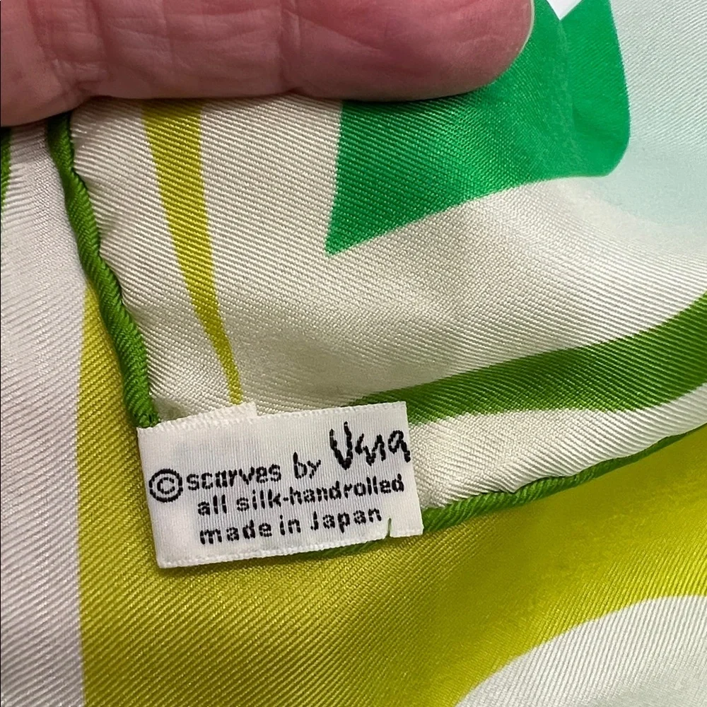 Vintage Vera Neumann geometric design neon greens and white 60’s scarf Japan